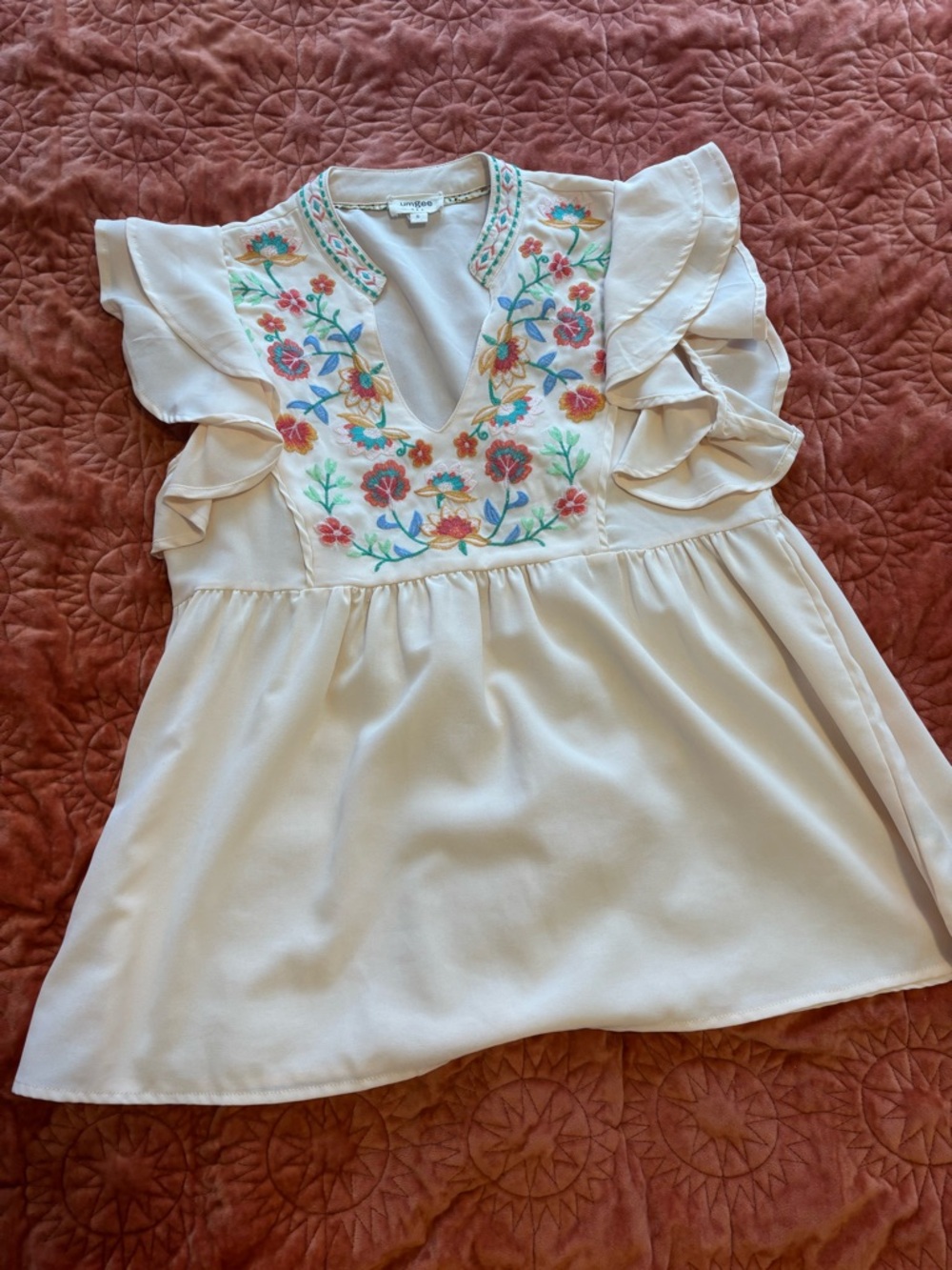 Cream Embroidered Flutter Sleeve Babydoll Top